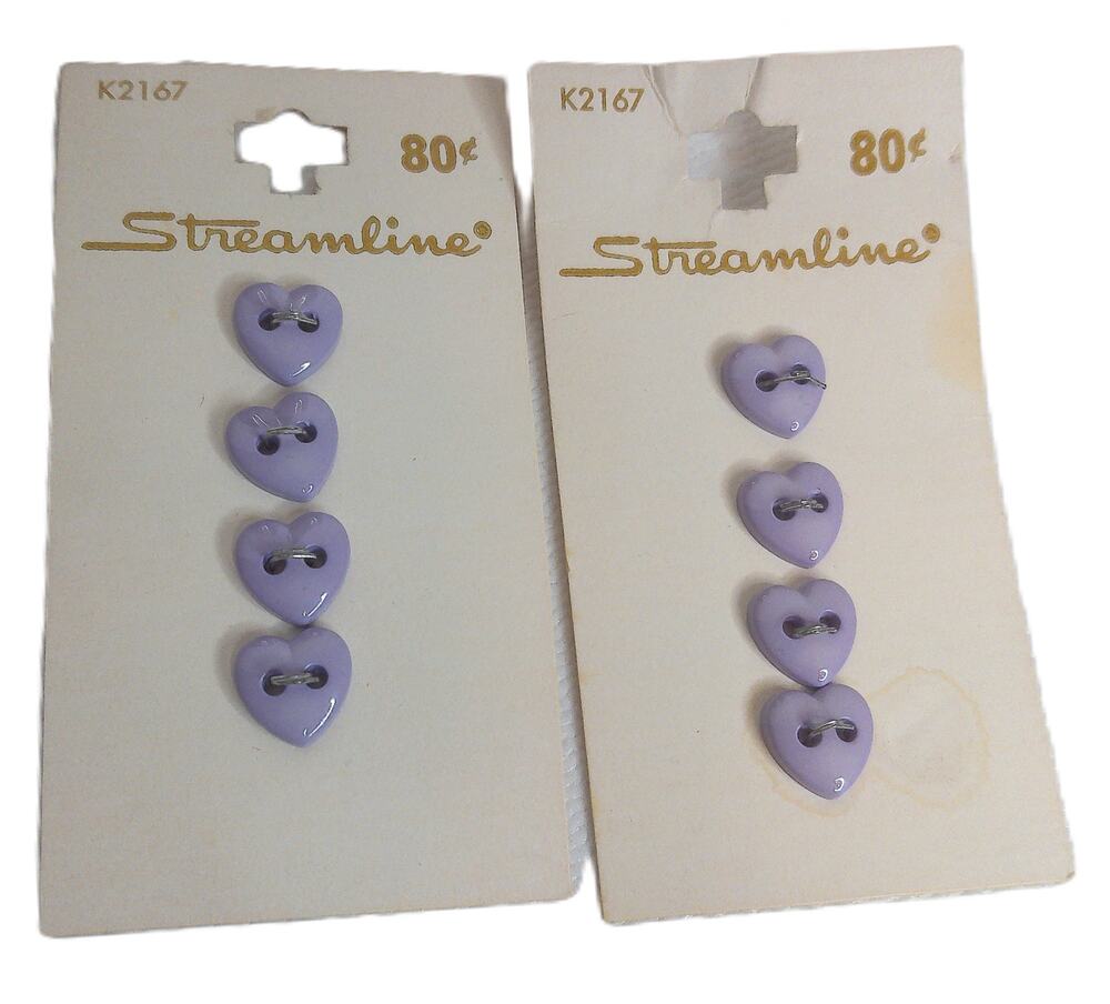 Vintage Streamline Lilac Purple Heart Shape 4 Pack Buttons Set of 2 New